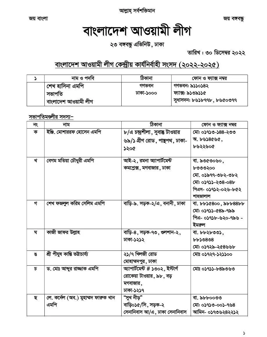 For those looking for the addresses of central leaders of the Awami League!