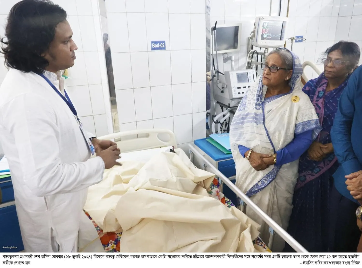 In the photographs, Sheikh Hasina is seen next to a notorious criminal from Chittagong, Nurul Azim Rony. Rony led the Chhatra League (Awami League's student wing) goons in attacking student protestors with guns and machete in Chittagong. Here, Hasina is visiting injured Chhatra League henchmen at a hospital, flanked by Rony. What a mockery!
@ZulkarnainSaer  https://x.com/ZulkarnainSaer/status/1819103504298107117