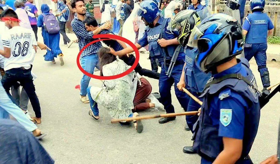 This is a picture from Thakurgaon, a northern district of Bangladesh. Today, a male police officer physically assaulted a protesting female student in this manner. 31 July 24